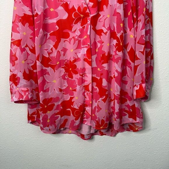 Belle By Kim Gravel Red Pink Abstract Floral Printed V-Neck Blouse Women's Large - Picture 3 of 14